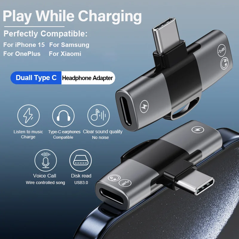 OTG Double USB Type C PD 15W Charger to Type C Jack AUX Audio Headphones Splitter Adapter for iPhone 15 Pro Max Samsung Xiaomi