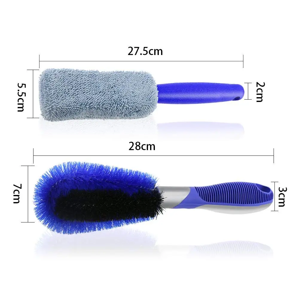 3 Pcs Car Wheel Cleaning Brush Kits with Rim Wash Duster Microfiber Cloth Blue for Auto Motorcycle Bike Wheel Cleaning