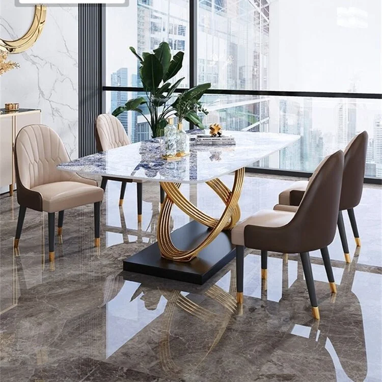 Factory High Quality Golden Stainless Steel Top Hotel Household Rectangle 6 Seater Dining Room Furniture Dining Workshop Entry