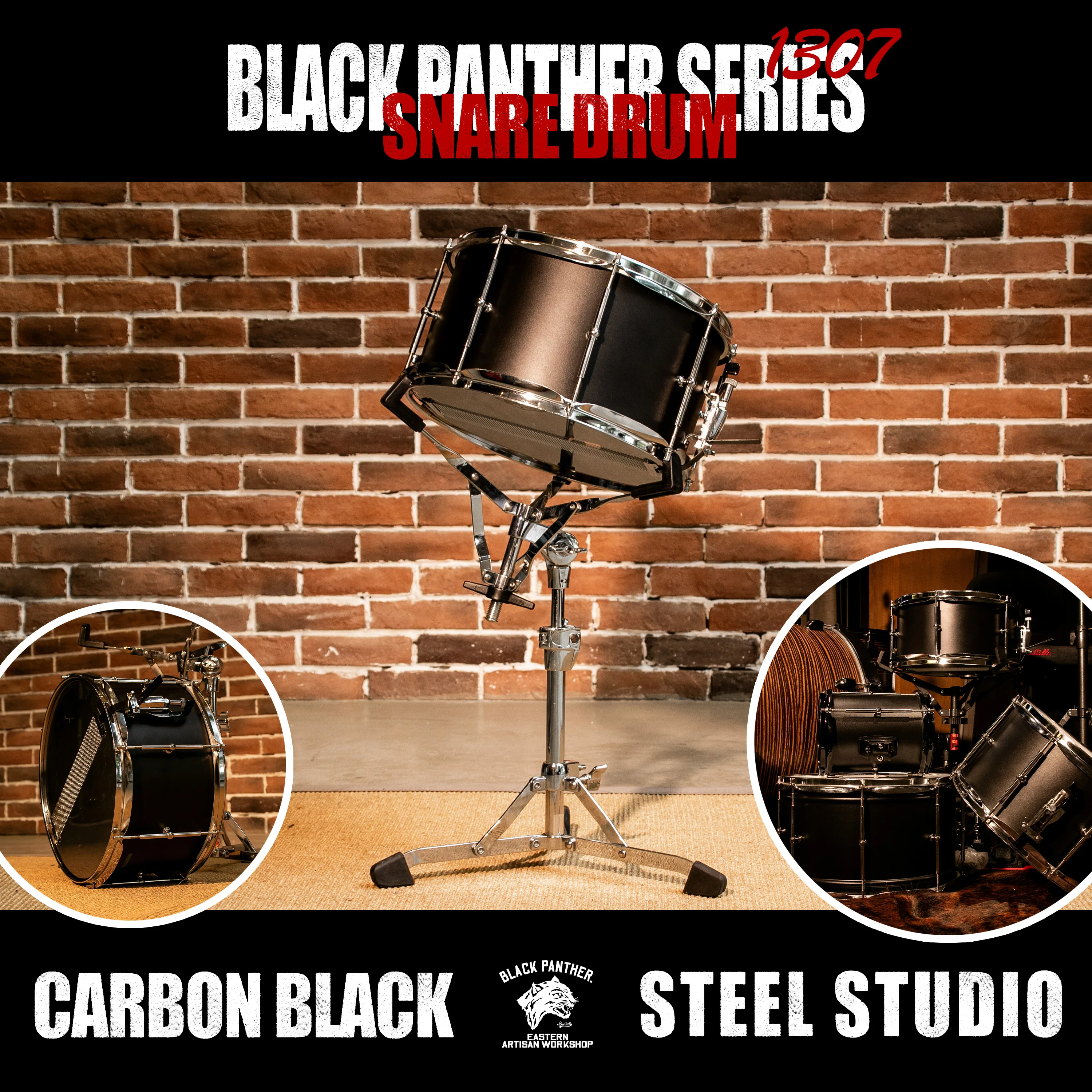 Beatello Black Panther Series High Quality Carbon Black Steel Studio Snare Drum 13x7 | For Studio Recording And Live Performance