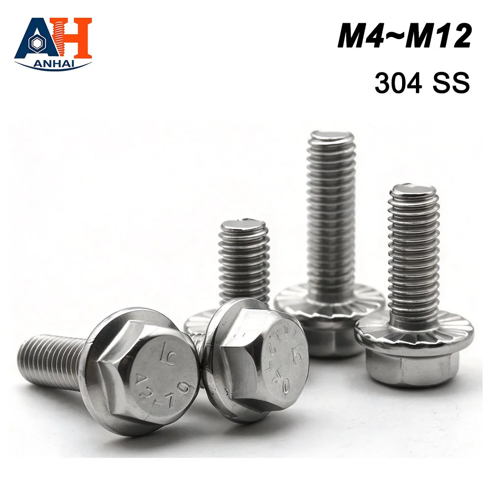 AnHai 304 SS GB5787 Flange Hex Head Bolts Serrated Flange Face Screws A2-70  M4 M5 M6 M8 M10 M12 2-30pcs Optional For Mech