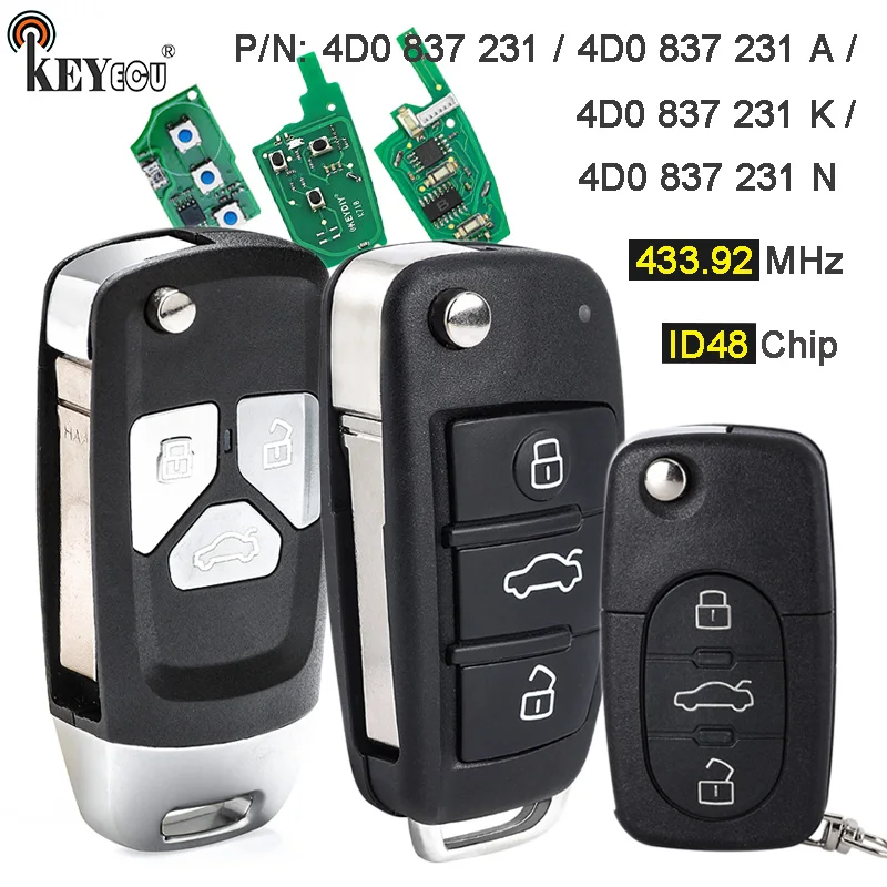 KEYECU 433.92MHz ID48 Chip 4D0 837 231 / 4D0 837 231A / 4D0 837 231K / N Flip Remote Key Fob for Audi A3 A4 A6 A8 S6 TT Quattro