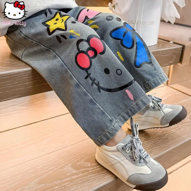 

Новая коллекция весна-осень: Детские джинсы Hello Kitty для девочек, модные, милые, прямые, с мультяшным принтом, в стиле аниме