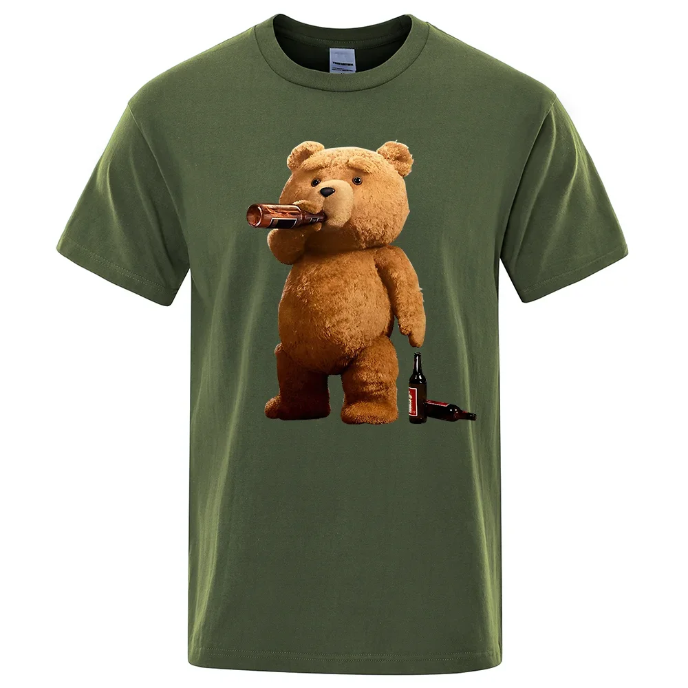 Lovely Ted Bear Drink Beer Poster Funny Printed T-Shirt Men Fashion Casual Short Sleeves Loose Oversize Tee Street Hip Hop Tops