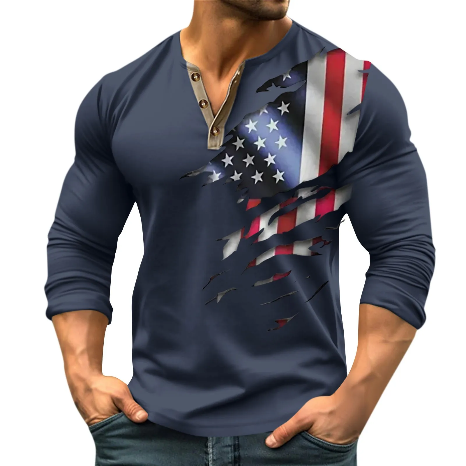 New United States Flag Usa American Grain Men Running Bike Soccer Tennis Fitness Half Cardigan Button Up Long Sleeved Shirt