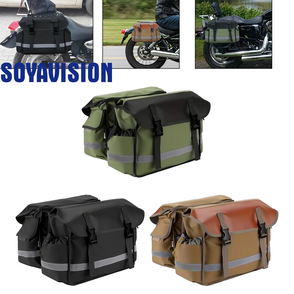 Motorcycle Saddle Bag Black/Brown/Green Canvas Waterproof Panniers Motorbike Luggage Fit Touring For Kawasaki, Suzuki, Vulcan Et