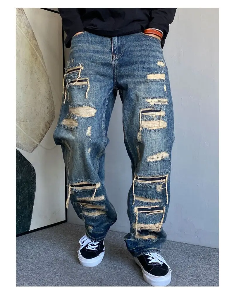 Design Sense Retro Heavy-Duty Denim Workwear Pants Old Dirty Dyed Casual Style with Damaged Edges High Street Fashion WLF