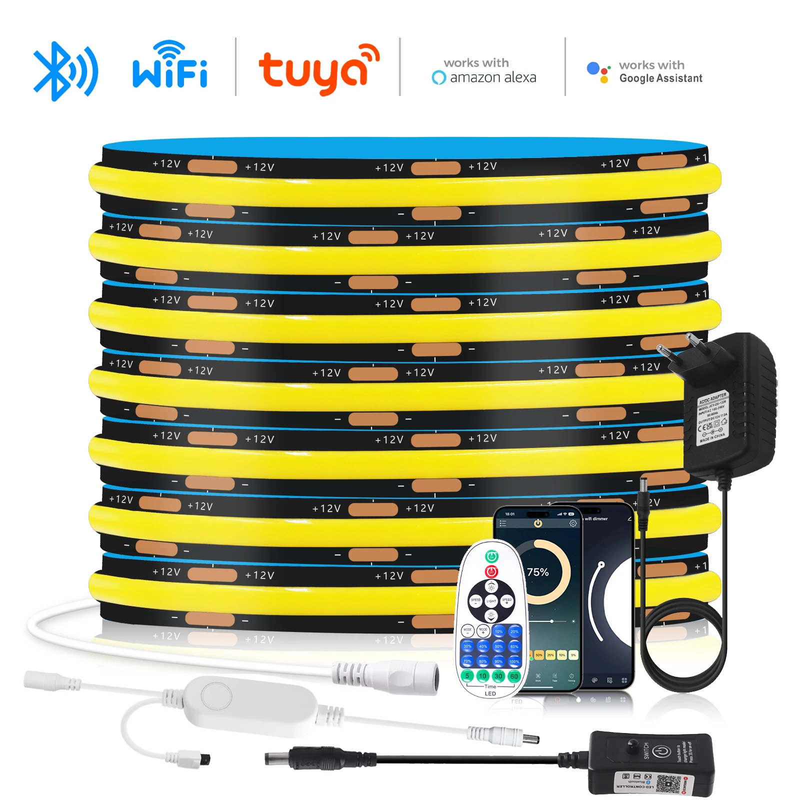 

12 В 24 В 8 мм COB Светодиодная лента 320 светодиодов/м Wi-Fi Bluetooth Пульт дистанционного управления RA90 Светодиодная лента с источником питания Лампа для кухонного шкафа