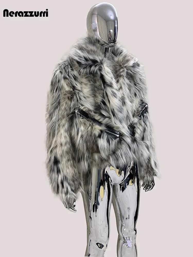 Nerazzurri Autumn Winter Short Colorful Multicolored Thick Warm Hairy Faux Fur Coat Men Luxury Designer Streetwear Fluffy Jacket