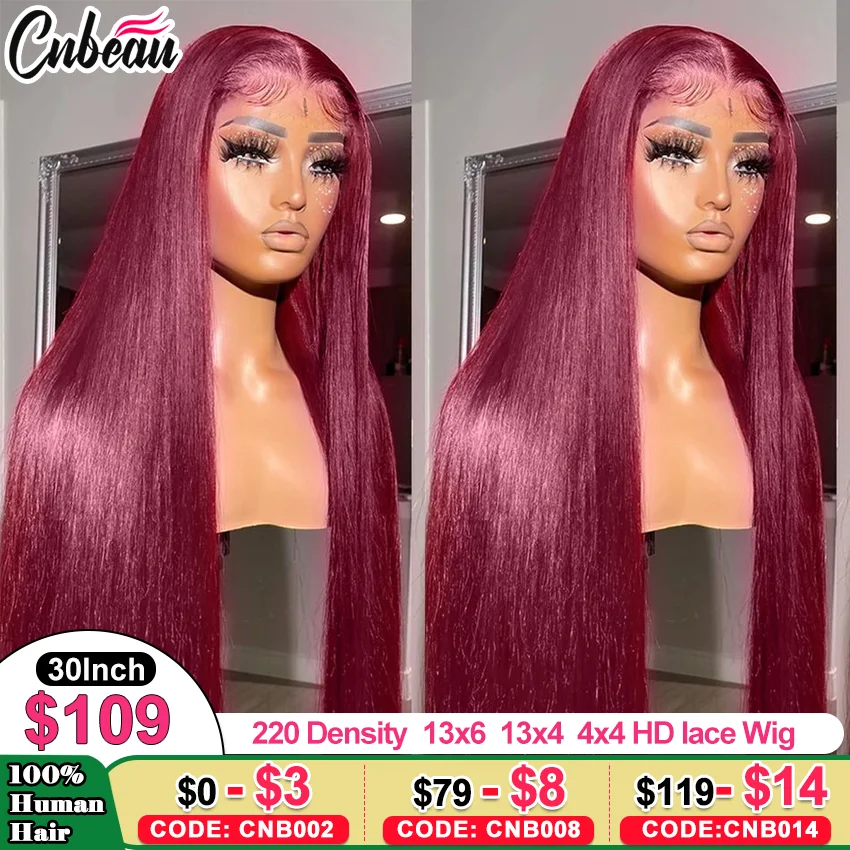 Perruque Lace Front Wig Remy Brésilienne Naturelle, Cheveux Lisses, Bordeaux 99j, 13x4, HD, pour Femme Africaine