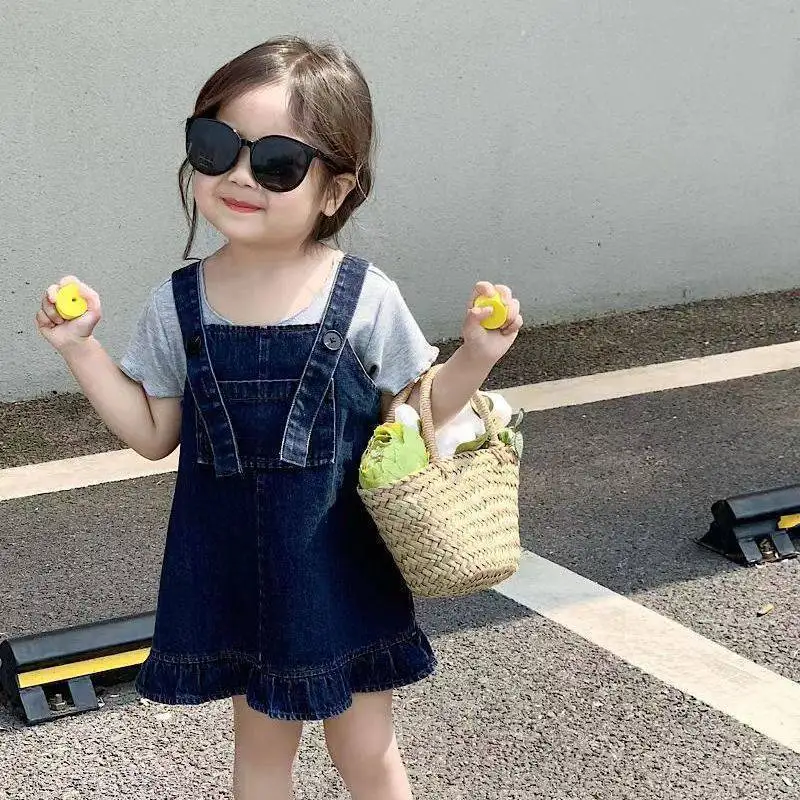 Summer Girls\' Clothing Sets Casual Style Pocket Denim Suspender Dress +Short Sleeve 2Pcs Baby Kids Children Clothes Suit