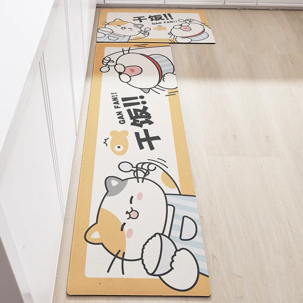 Chinese Cartoon Kitchen Mat PU Leather Kitchen Long Mat Anti-fatigue Foot Mat Waterproof and Non-slip Kitchen Rug