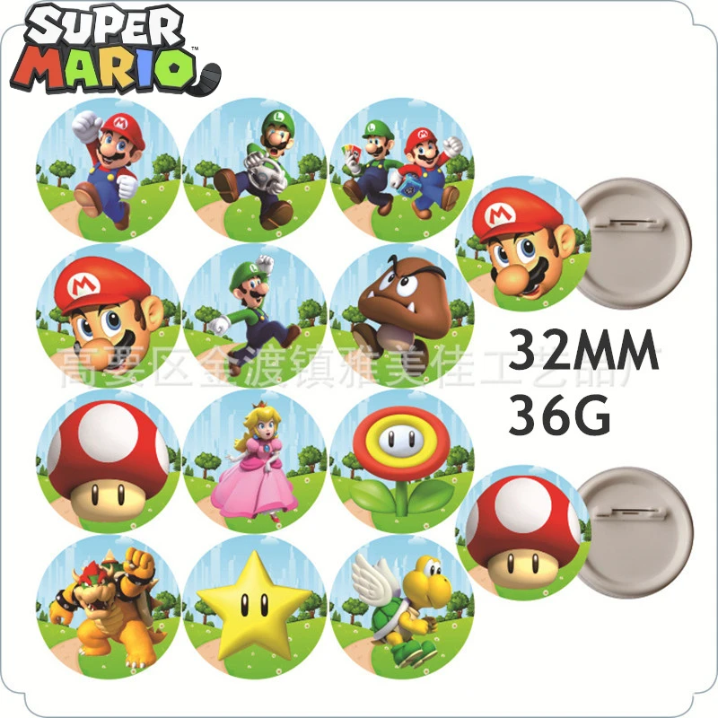 

12pcs Mario Brooch Anime Mario Bros Luigi Daisy Yoshi Toad Cartoon Badge Circular Iron Plastic Children's Party Supplies Gift