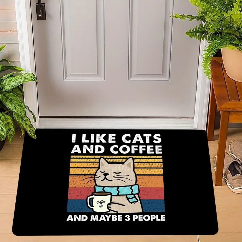 I Like Cats & Coffee Doormat - Black Cartoon Cat Print with Scarf Design Non-Slip Entrance Mat for Pet Lover Home Easy To Clean