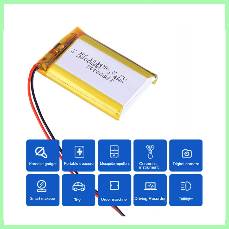 103450 3.7V 2000mAh Polymer Lithium Rechargeable Battery jst PH 2.0mm 2pin plug for Camera GPS navigator MP5 Bluetooth Headset