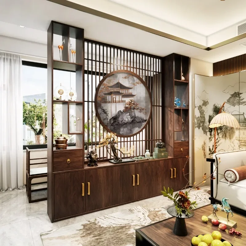 New Chinese-style screen partition, living room, home entrance, facing the door, entering the door, blocking the large apartment