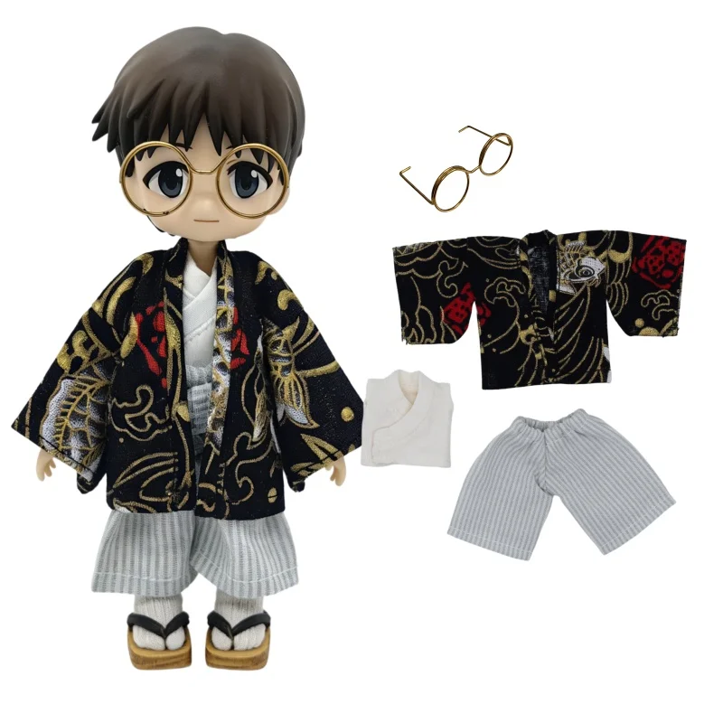 

For Obitsu 11 Doll Boy Black Blue Kimono Suit For OB11 Gsc 1/12 Bjd Molly Body 16~17cm BJD Doll Cloth Animal Doll Outfit Clothes