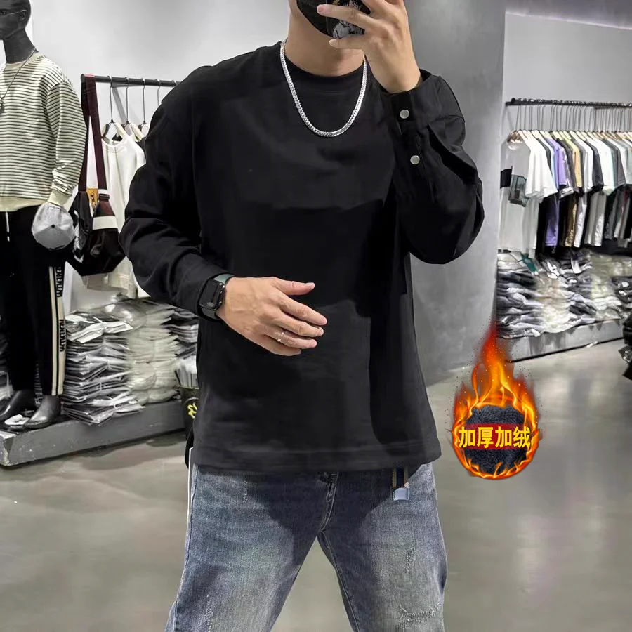 Outono e inverno sólido camisola masculina magro-encaixe dentro de manga comprida camiseta pulôver masculino esportes camisa de fundo roupas