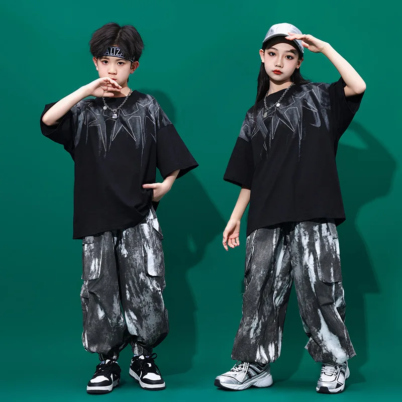 4-16 Years Old Summer Kids Black Short Sleeve T-Shirt Girls Hip Hop Loose Pants Boys Street Style Dance Clothes