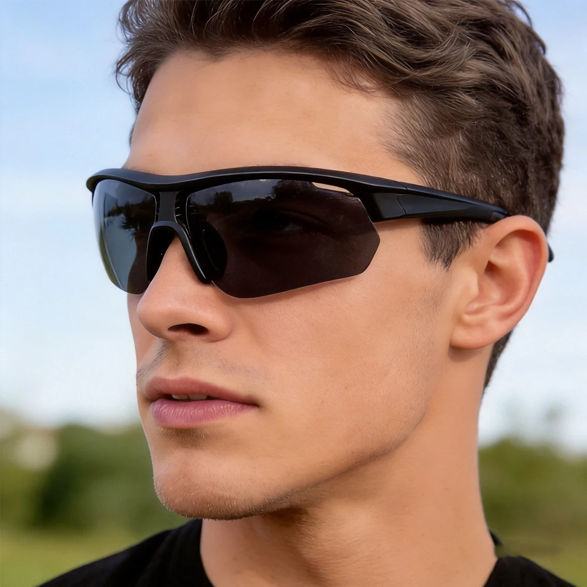 Outdoor Cycling Sunglasses Wrap Style Rimless Black Sport Frame UV Protective Lens Comfort Non-Slip Eyewear For Biking Fishing