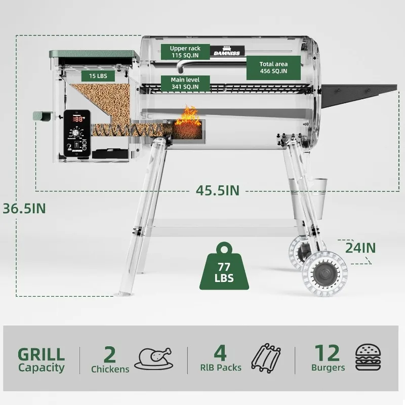 Pellet Smoker Grill Combo, Portable Electric Outdoor Grill and Smoker 456 Square Inch with PID Temperature Control (180-450°F)