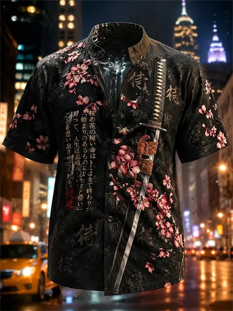 New yin-yang koi ink landscape printed short sleeved shirt with texture for men's artistic commuting short sleeved top