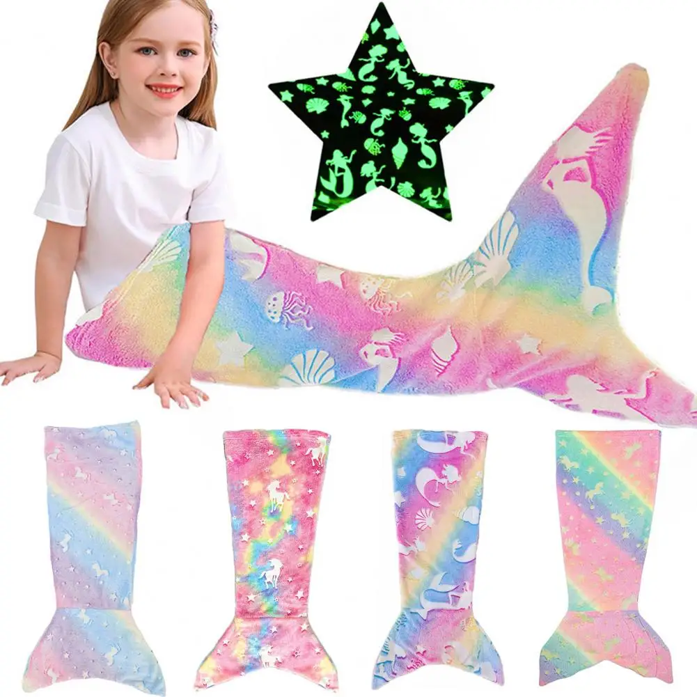 Kids Mermaid Tail Blanket Luminous Mermaid Tail Blanket for Toddlers Wear Resistant Plush Flannel Fleece Toddler Mermaid Toy