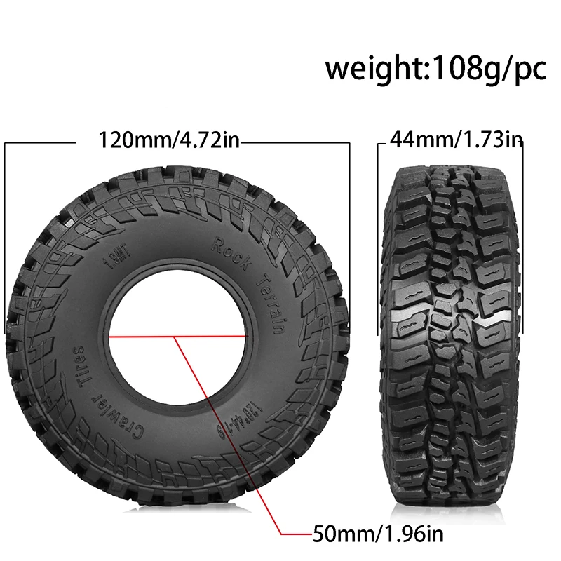 1/10 RC 크롤러용 4PCS 1.9인치 118mm 고무 타이어 - TRX-4 SCX10 90046 SCX10 III AXI03007 Tamiya CC01 - 하이 그립 모든 지형에 적합