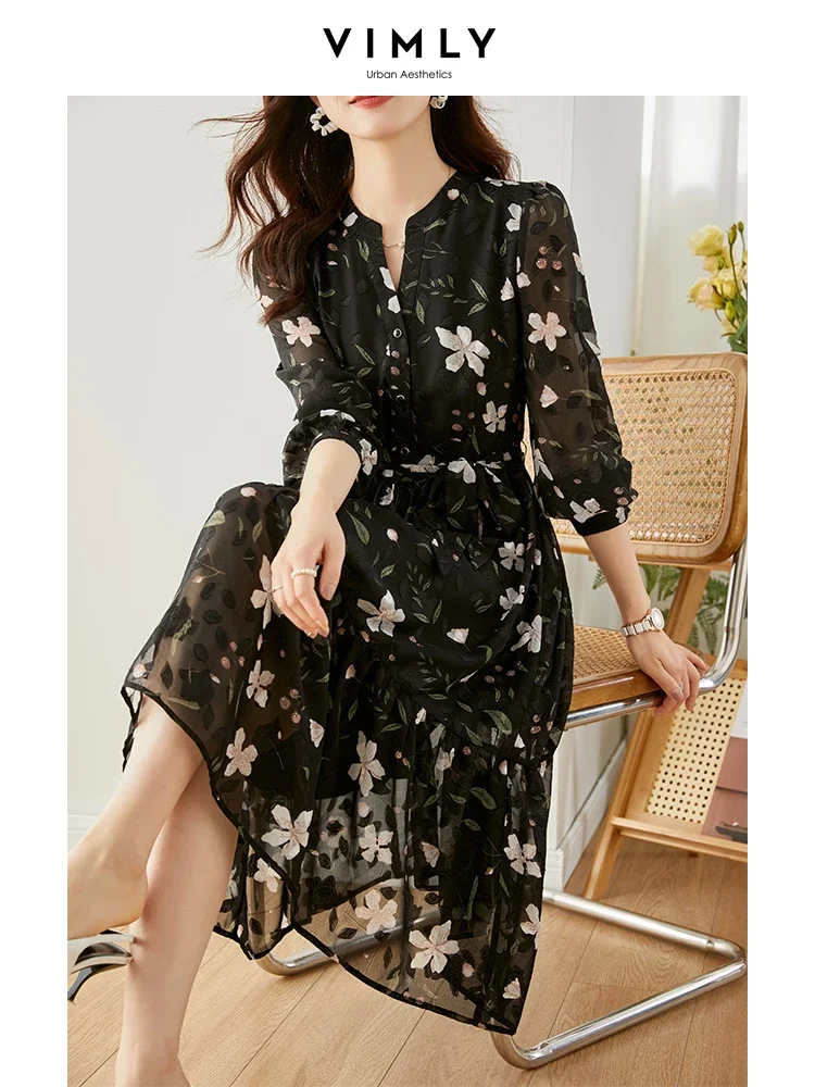 

Vimly Chiffon Floral Dress for Women 2024 Spring Vacation Outfit Elegant Vintage Long Sleeve Tie Belt Swing Midi Tiered Dresses