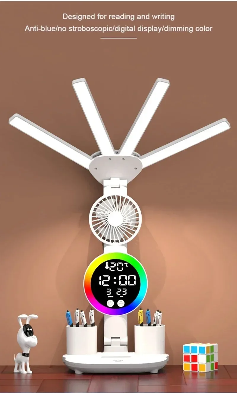 Eye-care Table Lamp with Digital Clock LED Light USB 3 Color Desk Lamp Touch Control Foldable