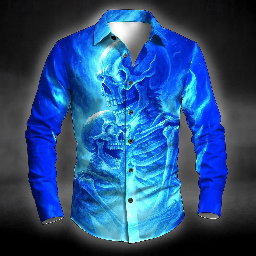 

20л., мужская тема Хэллоуина, череп, скелет, пламя, костюмы на Хэллоуин, рубашка на пуговицах, рубашка с длинными рукавами, темный готический стиль