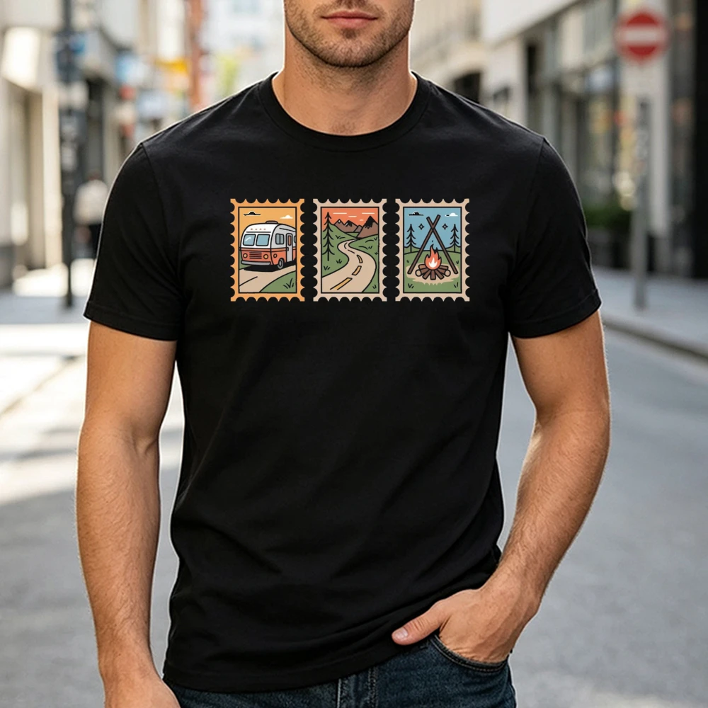 Van Camper Road Trip Stamp Graphic T Shirt Men Clothes Retro Summer Travel Print Top Vacation Camping Holiday Casual Streetwear