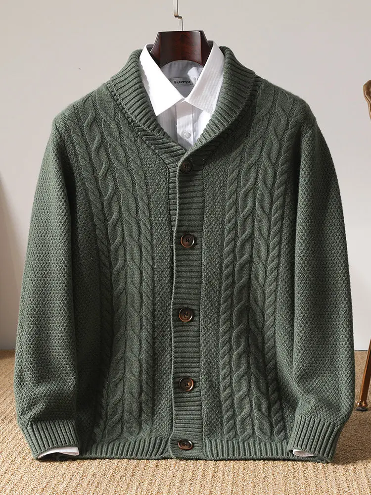 100% Australian wool button-down cardigan green fruit collar thickened solid color sweater business casual cashmere knitted view 3