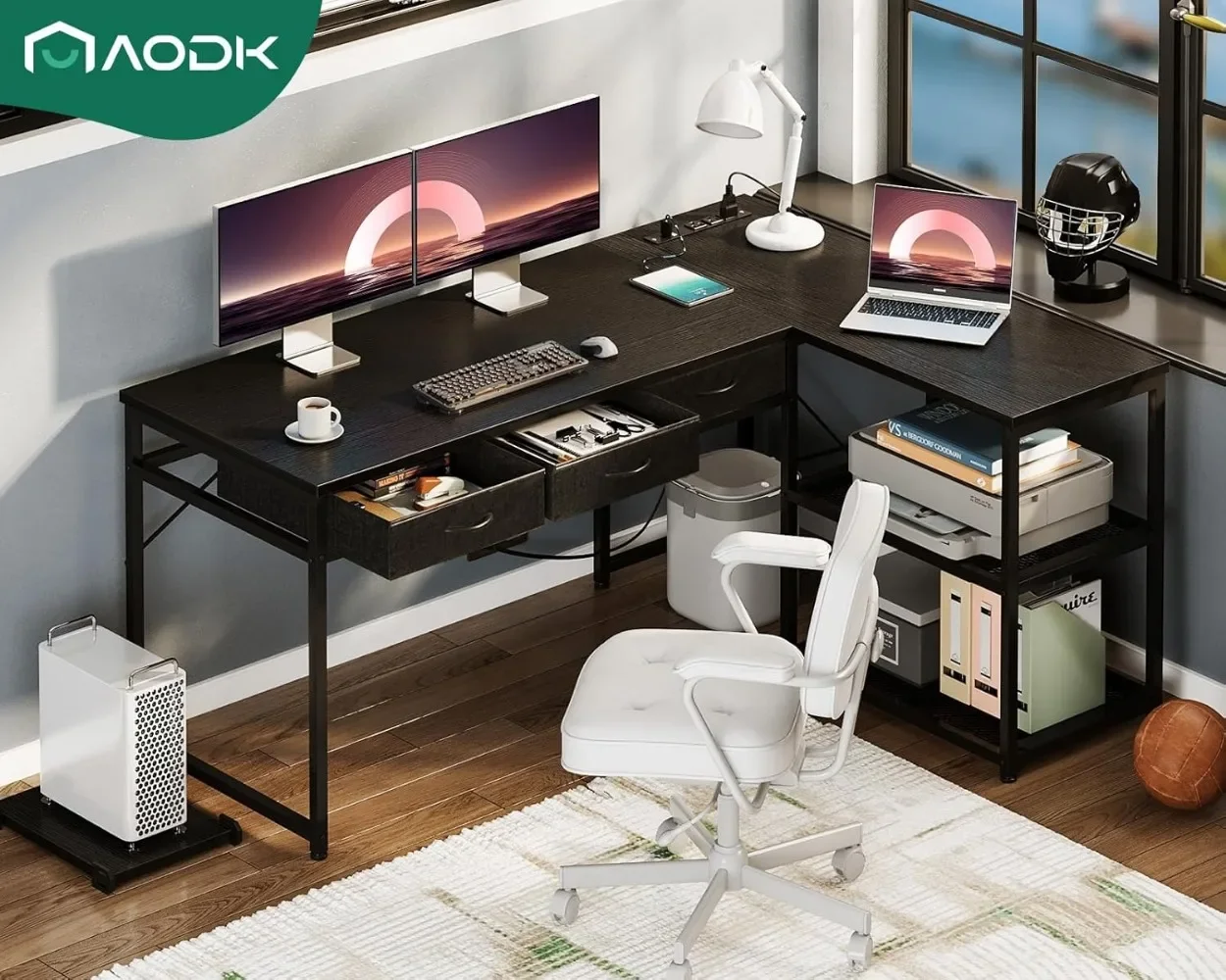 53 Inch L Shaped Computer Desk with Drawers,Corner Desk with Power Outlets & Reversible Storage Shelves, Movable CPU Stand,Black