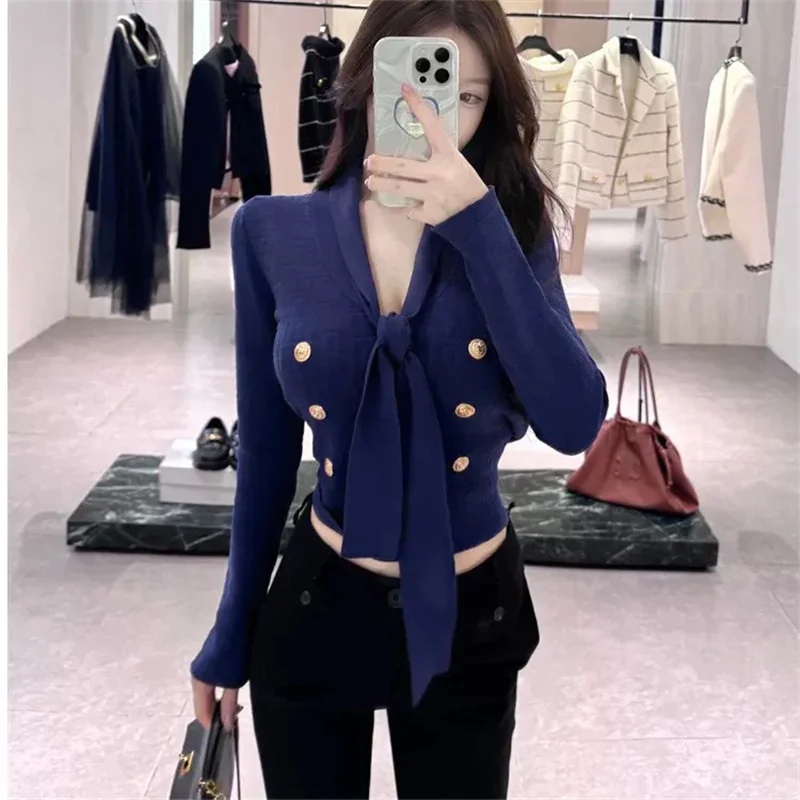 Sweter damski z dekoltem w serek, żakardowy, z wstążką, długi rękaw, dzianina, topy, wiosna-jesień, designerski, pulower, 2026