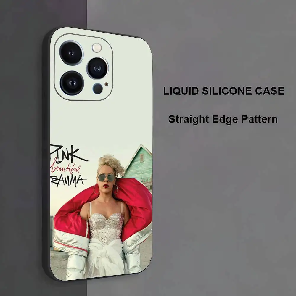 P-P!nk Capa de telefone rosa Alecia Beth para iPhone 17,16,15,14,13,12,11, Pro Max, XS, X, XR, SE, Mini, 8,7, capa preta de silicone macio