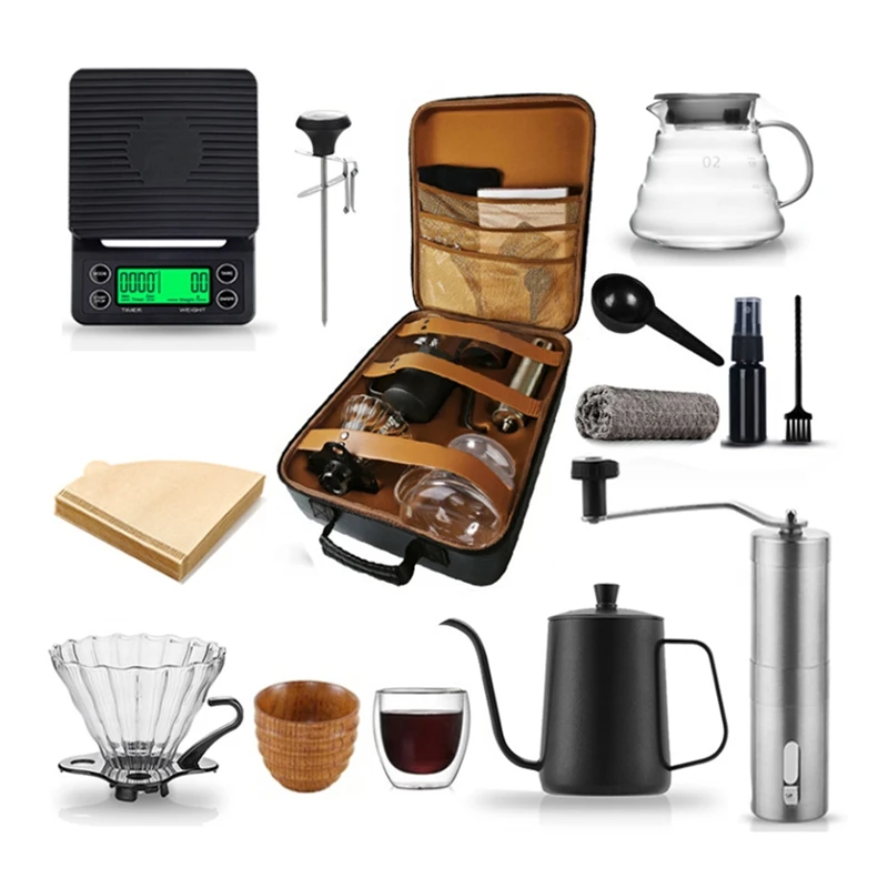 13 Pcs Travel Coffee Lovers Sets With Manual Coffee Grinder Coffee Dripper Goose Neck Kettle Digital Scale Paper Filter-Regular