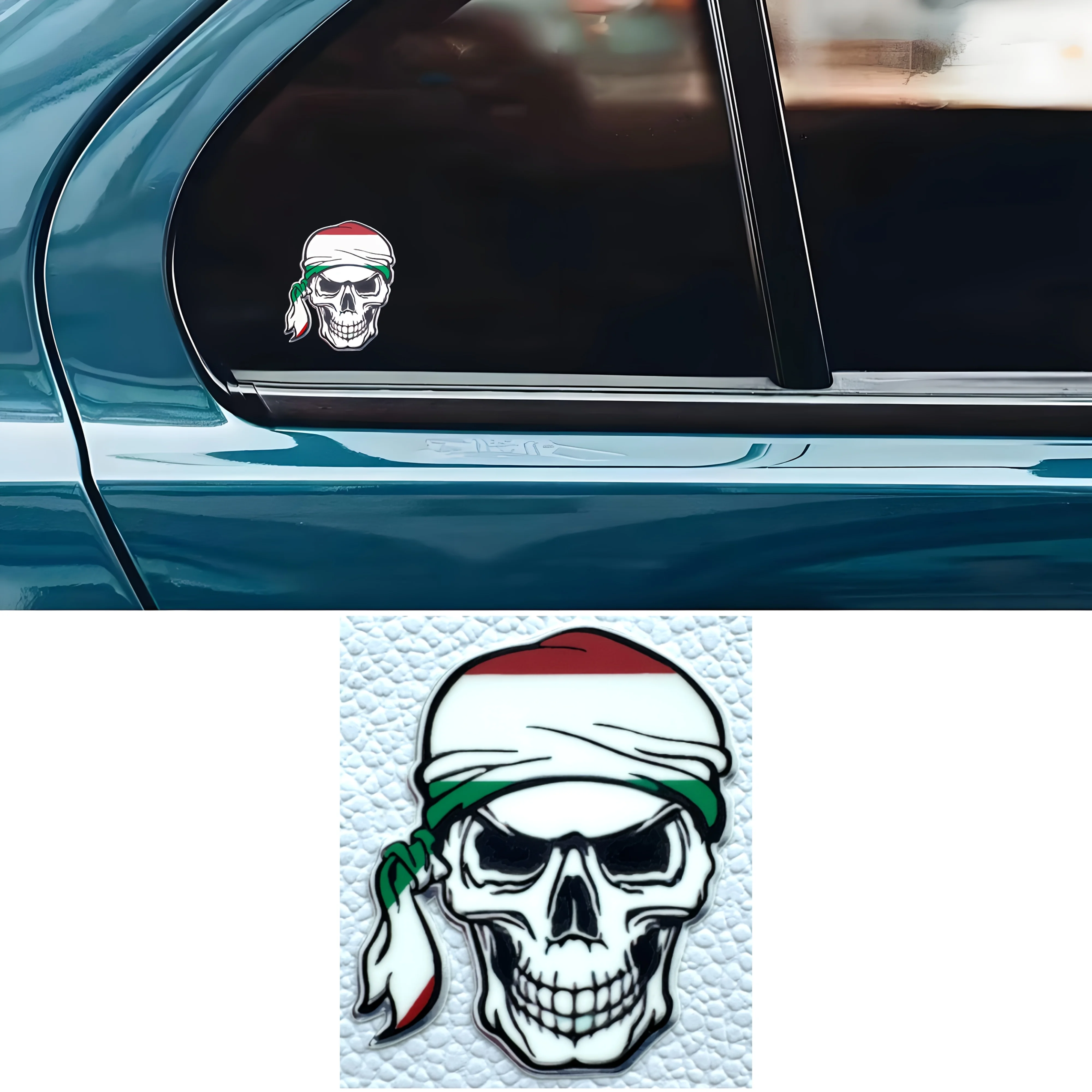 1PC Unique Skull with Tricolor Bandana Car Sticker, Bold Skeleton Accessory for Car,Make Your Car Stand Out with This Edgy Decal