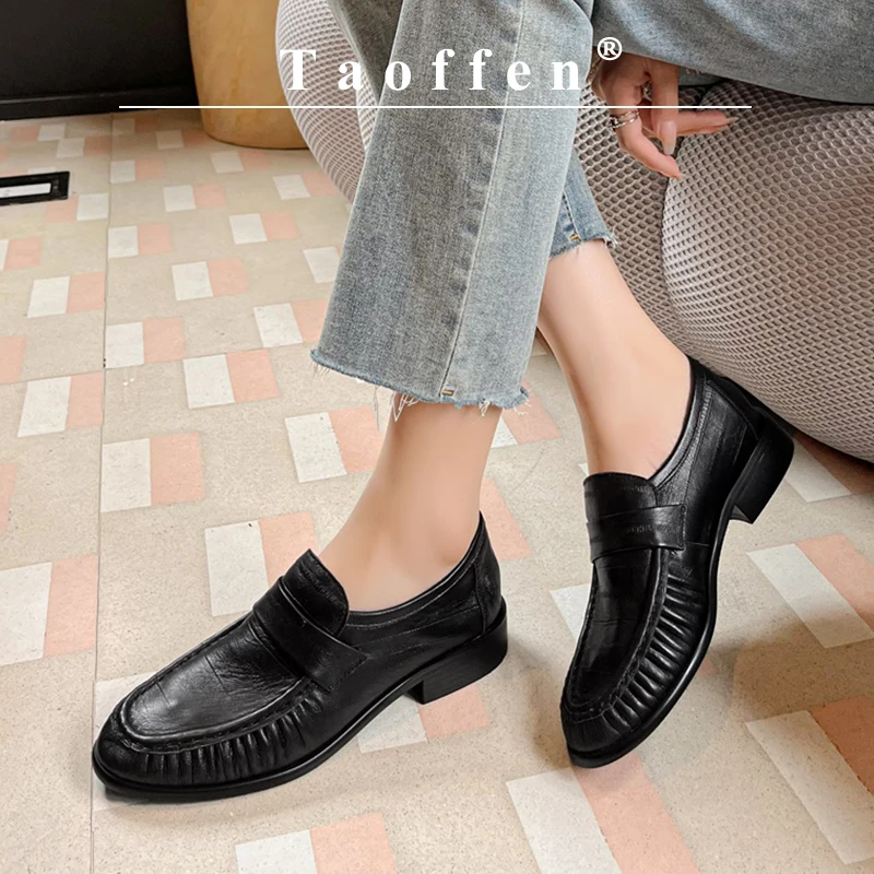 

Taoffen Casual Loafers Women Genuine Leather Block Heels Oxford Women Shoes Pleated Slip on Casual Work Shoes Office Lady Shoes