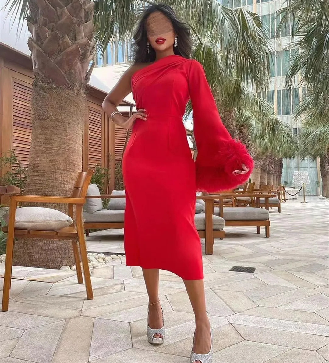 

Fashionvane Red Prom Dresses with Feathers One Shoulder Long Sleeve Cocktail Party Gowns Tea Length Short Night Club Dress