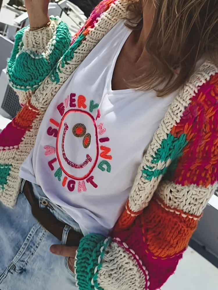 

Women Elegant Color Blocked Knitted Short Coat Casual Long Sleeve Sweater Tops Sexy V-neck Stripes Print Loose Cardigan Jackets