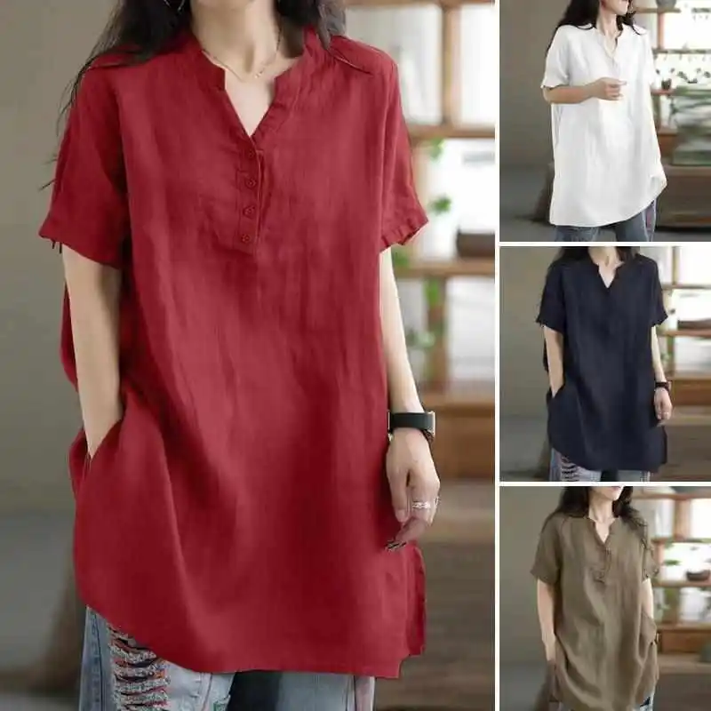 

Women's Twisted Button ort Sved irt Casual Sle Straight Cut Knot Rcelle Cotton Summer Thin Warm Top