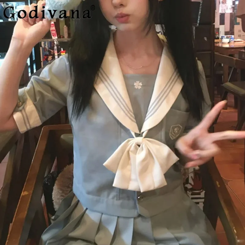JK Sailor Uniform Sets Sweet Gray Blue Navy Collar Short Sleeve Shirt Fashion High Waist Age Reduction College Pleated Skirt