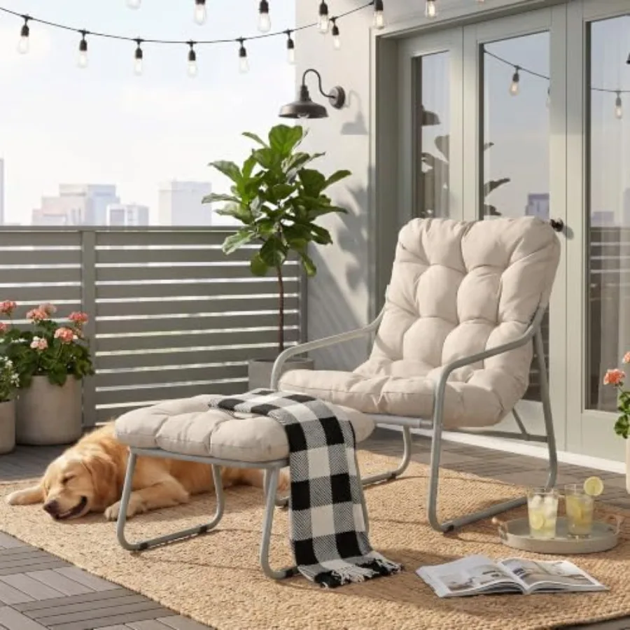 Outdoor Chair with Ottoman for Patio Use, All-Weather Wicker in Beige, Extra Cushioned Seat and Backrest for Maximum Comfort