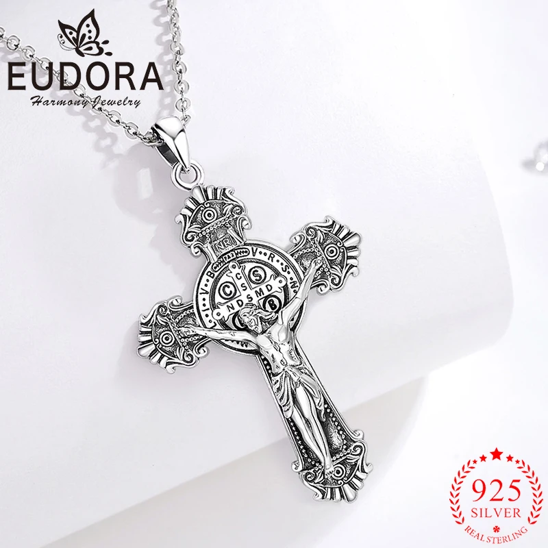 sterling silver saint benedict amuleto colar jesus cruz pingente joias religiosas presentes vintage finos para homens e mulheres eudora 925 01