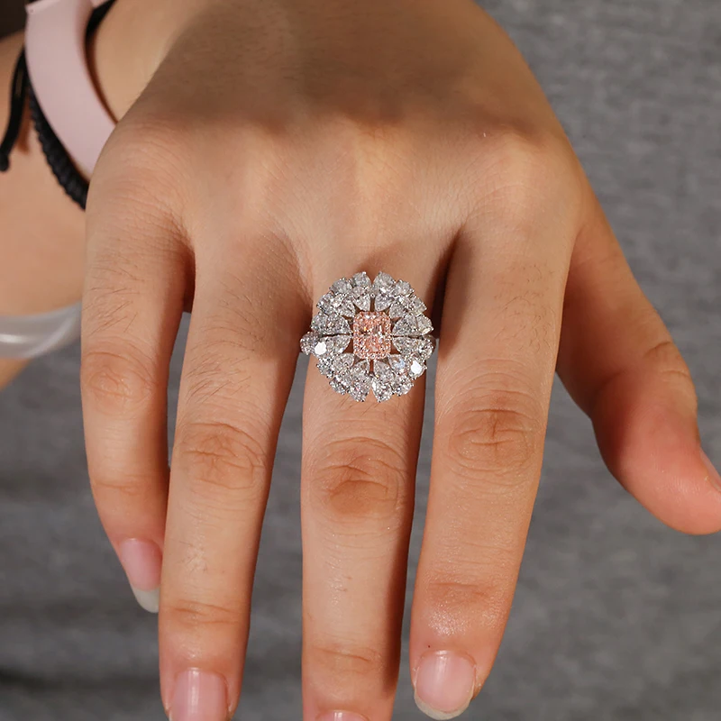 AEAW 10k White Gold 0.5CT Main Stone 4.9ctw Side Stone Fancy Pink Radiant Cut CVD HPHT Lab Grown Diamond Engagement Ring NGIC