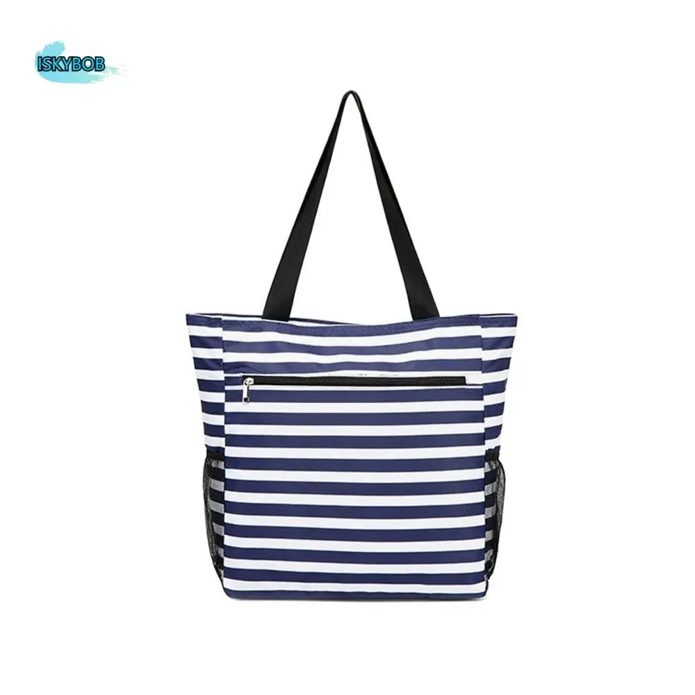 

Женская сумка-тоут большой емкости на молнии с несколькими карманами, пляжная сумка для продуктов, водонепроницаемая складная полосатая сумка для улицы