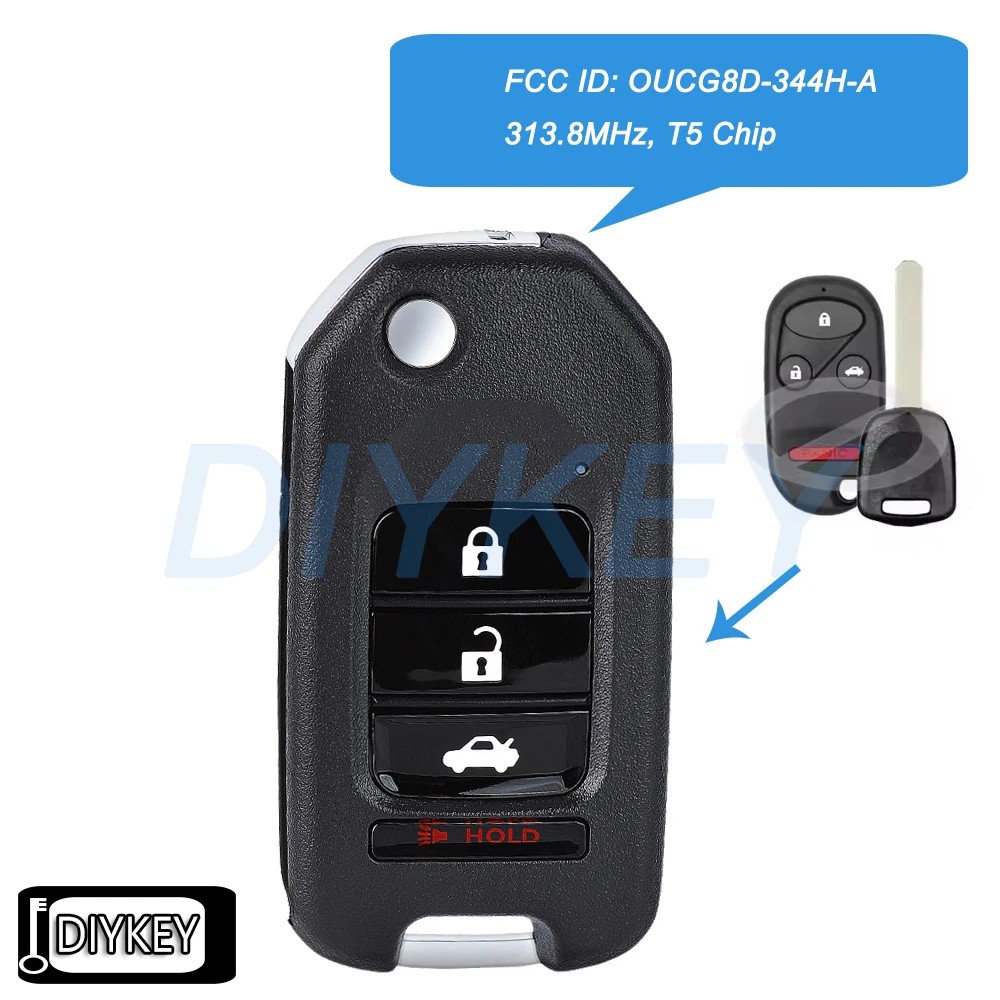 4 Buttons Upgraded Flip Remote Car Key Fob 313.8MHz T5 Chip Replacement for Honda CR-V 2002 2003 2004 FCC ID: OUCG8D-344H-A