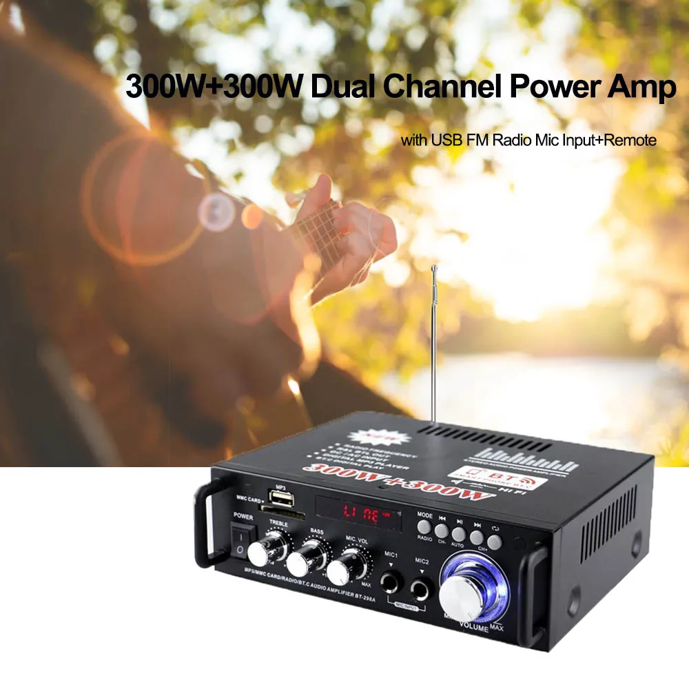 12V/220V BT-298A 2CH Audiuo Mini Amp 300W*2 EU Plug LCD Display Digital HIFI Audio Stereo Power Amplifier Bluetooth-compatible