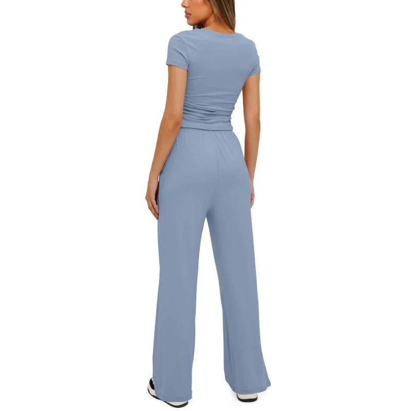 Women's Casual Pleated Short Sleeve Top & High Waist Wide Leg Pants Set Comfort Female Clothes Fashion Sports Trousers Outfits